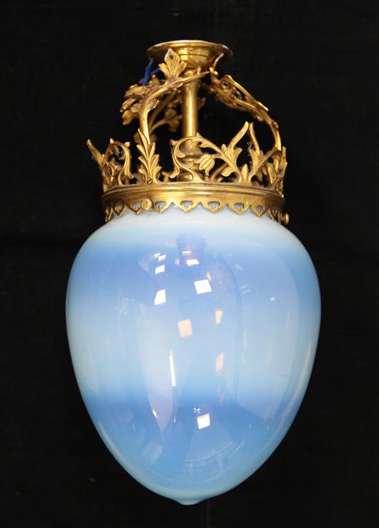 A large ovoid vaseline glass pendant shade, 18ins drop